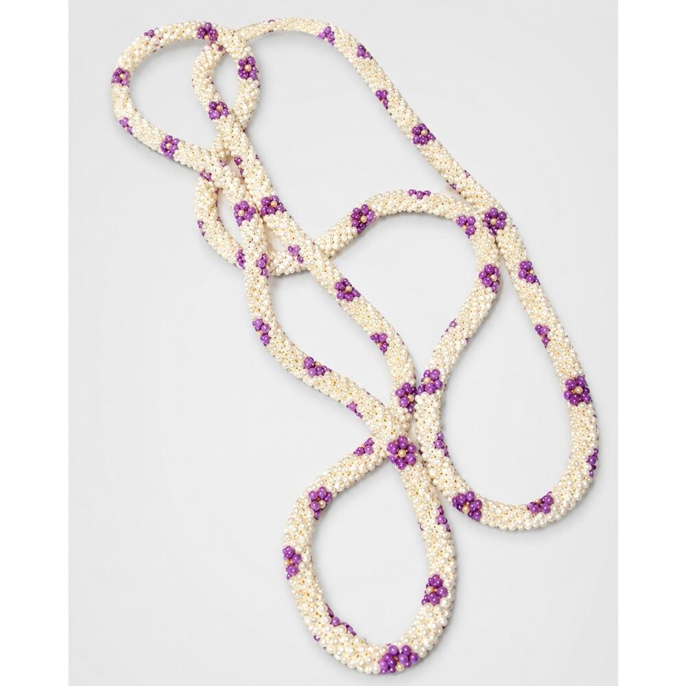Vintage Rope Necklace, Purple Flowers, 43" Long White Faux Pearl‎ Beaded wh01-32